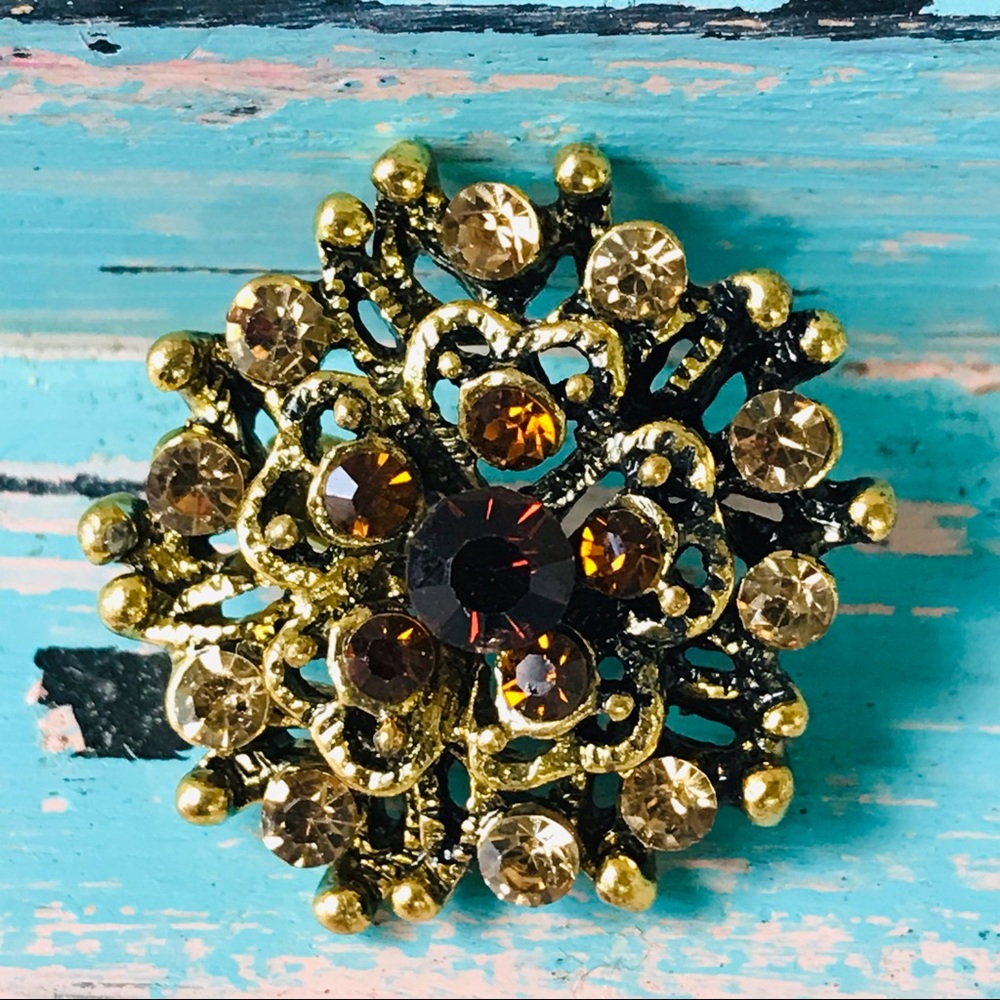 Vintage Inspired Gramacore Style Brown & Gold-Tone Crystal Brooch Pin